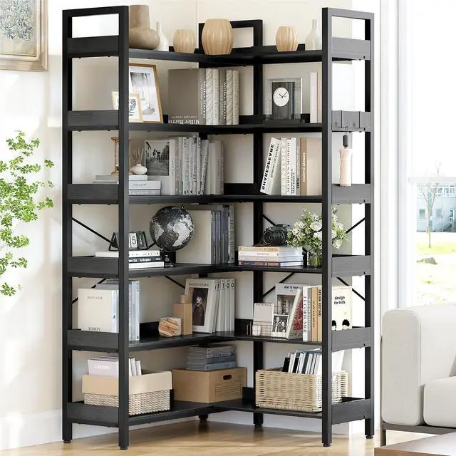 Alt view image 2 of 6 - 6-Tier Corner Bookshelf, Reversible L-Shaped Bookcase with 4 Hooks, 69" Industrial Wood & Metal Storage Shelf for Living Room, Home Office & Bedroom, Black