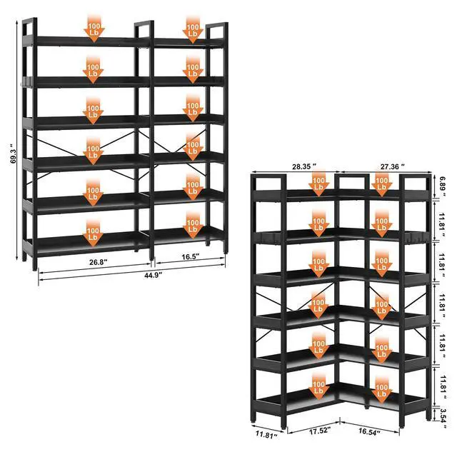 Alt view image 3 of 6 - 6-Tier Corner Bookshelf, Reversible L-Shaped Bookcase with 4 Hooks, 69" Industrial Wood & Metal Storage Shelf for Living Room, Home Office & Bedroom, Black