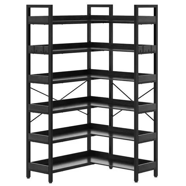 Alt view image 4 of 6 - 6-Tier Corner Bookshelf, Reversible L-Shaped Bookcase with 4 Hooks, 69" Industrial Wood & Metal Storage Shelf for Living Room, Home Office & Bedroom, Black