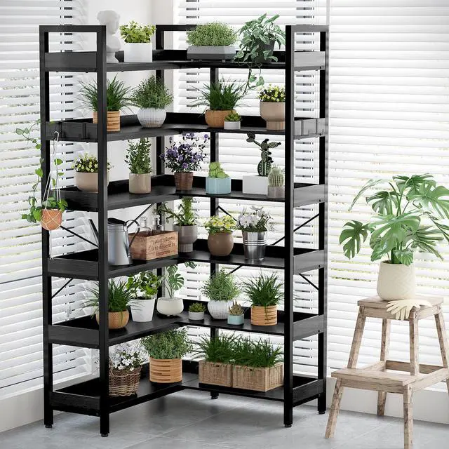 Alt view image 5 of 6 - 6-Tier Corner Bookshelf, Reversible L-Shaped Bookcase with 4 Hooks, 69" Industrial Wood & Metal Storage Shelf for Living Room, Home Office & Bedroom, Black