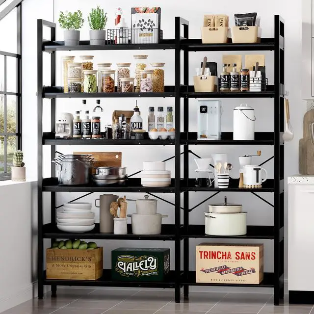 Alt view image 6 of 6 - 6-Tier Corner Bookshelf, Reversible L-Shaped Bookcase with 4 Hooks, 69" Industrial Wood & Metal Storage Shelf for Living Room, Home Office & Bedroom, Black