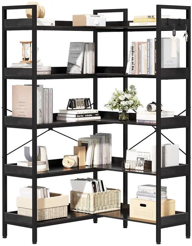 Main image of 5-Tier Corner Bookshelf, Reversible L-Shaped Bookcase with 4 Hooks, 65" Industrial Wood & Metal Storage Shelf for Living Room, Home Office & Bedroom, Black