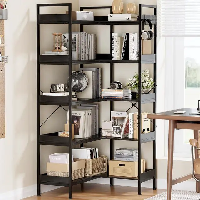 Alt view image 2 of 6 - 5-Tier Corner Bookshelf, Reversible L-Shaped Bookcase with 4 Hooks, 65" Industrial Wood & Metal Storage Shelf for Living Room, Home Office & Bedroom, Black