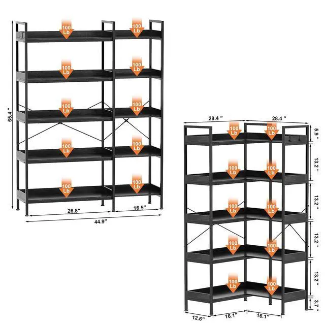 Alt view image 3 of 6 - 5-Tier Corner Bookshelf, Reversible L-Shaped Bookcase with 4 Hooks, 65" Industrial Wood & Metal Storage Shelf for Living Room, Home Office & Bedroom, Black