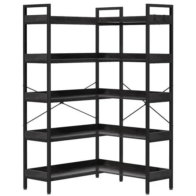 Alt view image 4 of 6 - 5-Tier Corner Bookshelf, Reversible L-Shaped Bookcase with 4 Hooks, 65" Industrial Wood & Metal Storage Shelf for Living Room, Home Office & Bedroom, Black