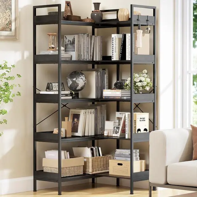 Alt view image 5 of 6 - 5-Tier Corner Bookshelf, Reversible L-Shaped Bookcase with 4 Hooks, 65" Industrial Wood & Metal Storage Shelf for Living Room, Home Office & Bedroom, Black