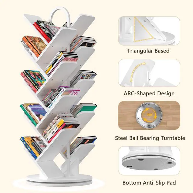Alt view image 3 of 6 - 16-Tier Tree Rotating Bookshelf, 360 Degree Spinning Standing Bookcase for Magazines DVDs Books, Corner Bookcase for Living Room Bedroom Study, White