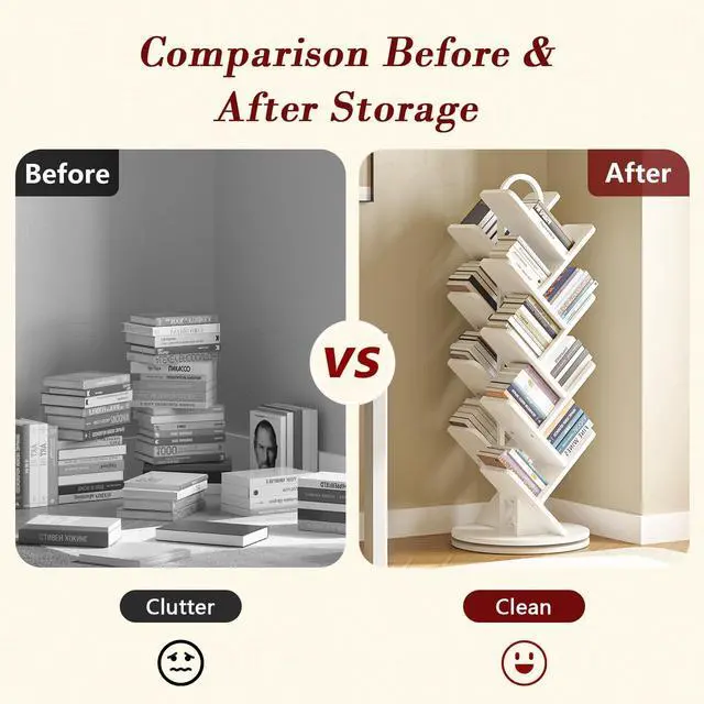 Alt view image 4 of 6 - 16-Tier Tree Rotating Bookshelf, 360 Degree Spinning Standing Bookcase for Magazines DVDs Books, Corner Bookcase for Living Room Bedroom Study, White