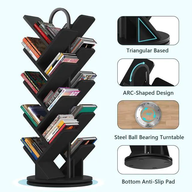 Alt view image 3 of 6 - 16-Tier Tree Rotating Bookshelf, 360° Rotating DVD Rack, Spinning Standing Bookcase for Magazines DVDs Books, Corner Bookcase for Living Room Bedroom Study, Black
