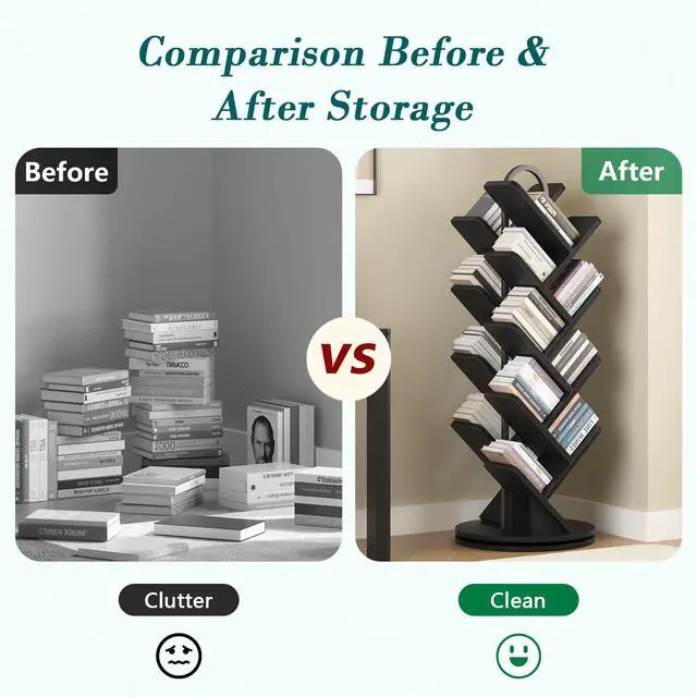Alt view image 4 of 6 - 16-Tier Tree Rotating Bookshelf, 360° Rotating DVD Rack, Spinning Standing Bookcase for Magazines DVDs Books, Corner Bookcase for Living Room Bedroom Study, Black