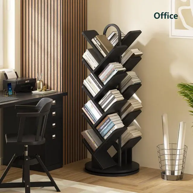 Alt view image 5 of 6 - 16-Tier Tree Rotating Bookshelf, 360° Rotating DVD Rack, Spinning Standing Bookcase for Magazines DVDs Books, Corner Bookcase for Living Room Bedroom Study, Black