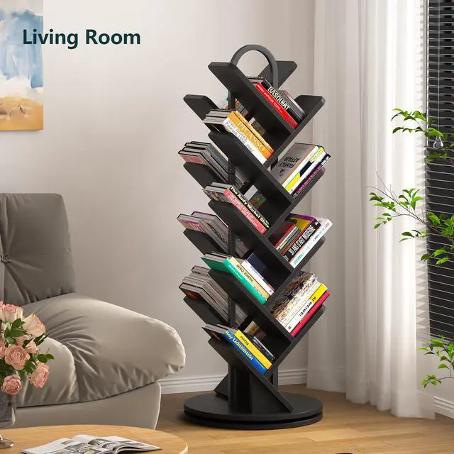 Alt view image 6 of 6 - 16-Tier Tree Rotating Bookshelf, 360° Rotating DVD Rack, Spinning Standing Bookcase for Magazines DVDs Books, Corner Bookcase for Living Room Bedroom Study, Black