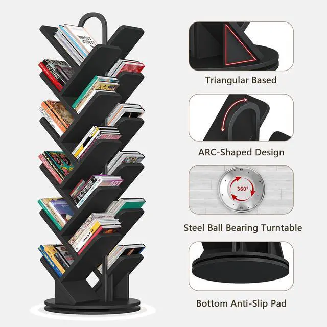 Alt view image 3 of 6 - 20-Tier Tree Rotating Bookshelf, 360 Degree Spinning Standing Bookcase for Magazines DVDs Books, Corner Bookcase for Living Room Bedroom Study, Black