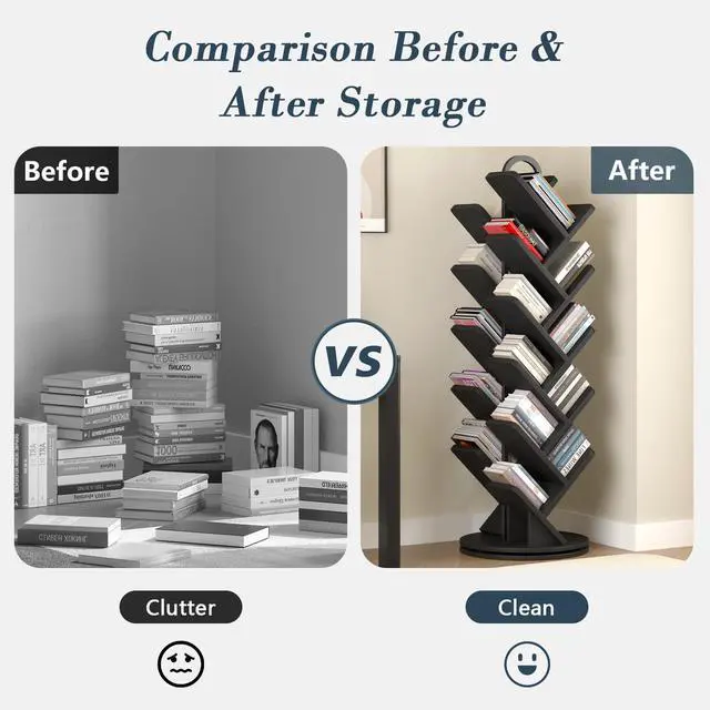 Alt view image 4 of 6 - 20-Tier Tree Rotating Bookshelf, 360 Degree Spinning Standing Bookcase for Magazines DVDs Books, Corner Bookcase for Living Room Bedroom Study, Black