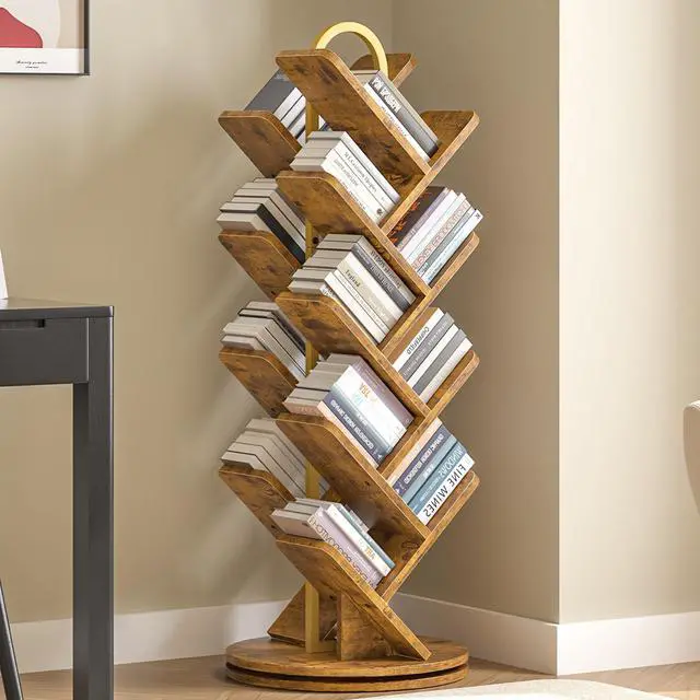 Main image of 16-Tier Tree Rotating Bookshelf, 360 Degree Spinning Standing Bookcase for Magazines DVDs Books, Corner Bookcase for Living Room Bedroom Study, Rustic Brown