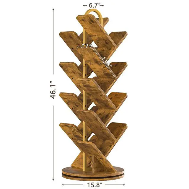 Alt view image 2 of 6 - 16-Tier Tree Rotating Bookshelf, 360 Degree Spinning Standing Bookcase for Magazines DVDs Books, Corner Bookcase for Living Room Bedroom Study, Rustic Brown