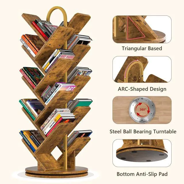 Alt view image 3 of 6 - 16-Tier Tree Rotating Bookshelf, 360 Degree Spinning Standing Bookcase for Magazines DVDs Books, Corner Bookcase for Living Room Bedroom Study, Rustic Brown