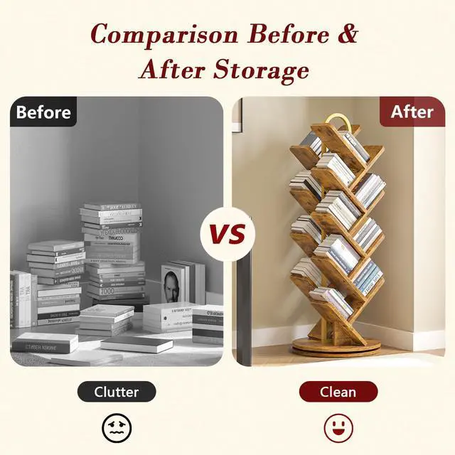 Alt view image 4 of 6 - 16-Tier Tree Rotating Bookshelf, 360 Degree Spinning Standing Bookcase for Magazines DVDs Books, Corner Bookcase for Living Room Bedroom Study, Rustic Brown