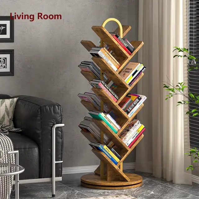 Alt view image 6 of 6 - 16-Tier Tree Rotating Bookshelf, 360 Degree Spinning Standing Bookcase for Magazines DVDs Books, Corner Bookcase for Living Room Bedroom Study, Rustic Brown