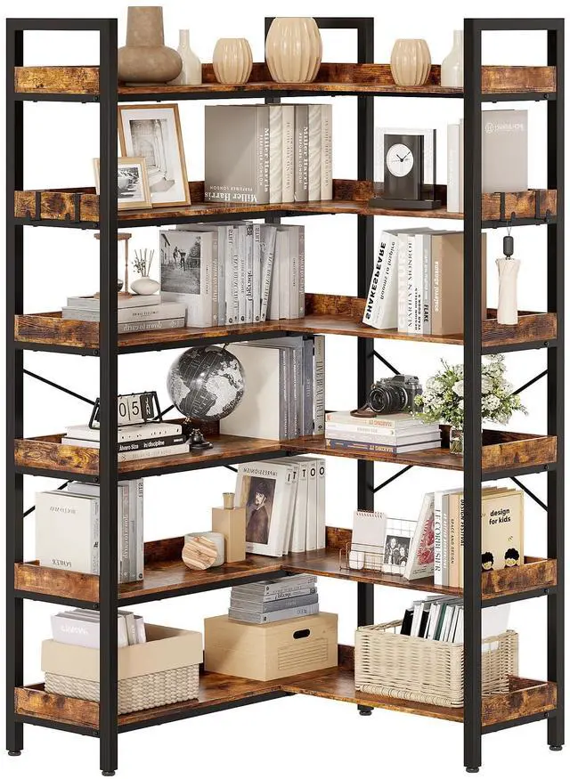 Main image of 6-Tier L-Shaped Reversible Corner Bookshelf, 69" Rustic Brown Industrial Wood & Metal Bookcase, Wide Open Shelves + 4 Hooks for Living Room/Bedroom/Home Office