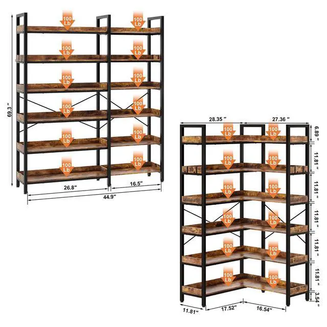 Alt view image 3 of 6 - 6-Tier L-Shaped Reversible Corner Bookshelf, 69" Rustic Brown Industrial Wood & Metal Bookcase, Wide Open Shelves + 4 Hooks for Living Room/Bedroom/Home Office