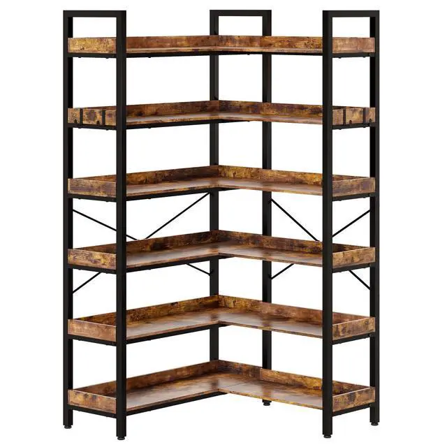 Alt view image 4 of 6 - 6-Tier L-Shaped Reversible Corner Bookshelf, 69" Rustic Brown Industrial Wood & Metal Bookcase, Wide Open Shelves + 4 Hooks for Living Room/Bedroom/Home Office