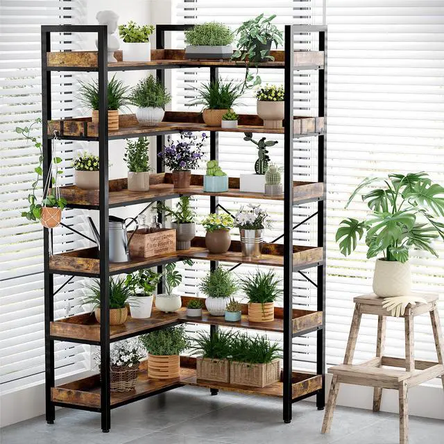 Alt view image 5 of 6 - 6-Tier L-Shaped Reversible Corner Bookshelf, 69" Rustic Brown Industrial Wood & Metal Bookcase, Wide Open Shelves + 4 Hooks for Living Room/Bedroom/Home Office