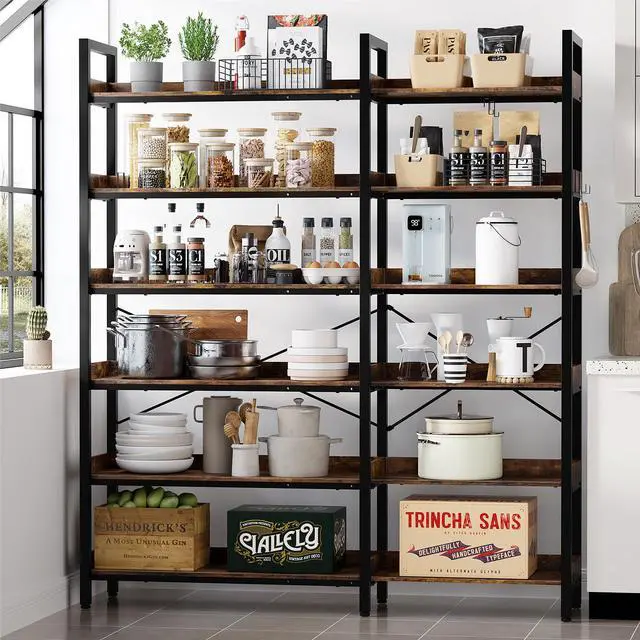 Alt view image 6 of 6 - 6-Tier L-Shaped Reversible Corner Bookshelf, 69" Rustic Brown Industrial Wood & Metal Bookcase, Wide Open Shelves + 4 Hooks for Living Room/Bedroom/Home Office