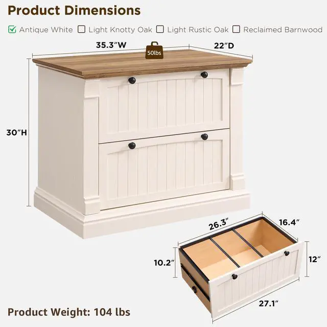 Alt view image 2 of 6 - Farmhouse File Cabinet with 2 Drawers, 35.3" Lateral Filing Cabinet with Hanging File Folders, Interlocking Drawers, Wood Rustic Storage Cabinet for Home Office, Living Room, Antique White