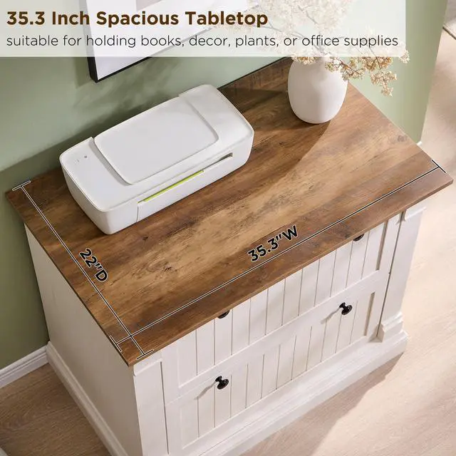 Alt view image 3 of 6 - Farmhouse File Cabinet with 2 Drawers, 35.3" Lateral Filing Cabinet with Hanging File Folders, Interlocking Drawers, Wood Rustic Storage Cabinet for Home Office, Living Room, Antique White