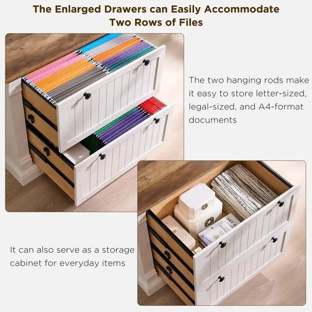 Alt view image 4 of 6 - Farmhouse File Cabinet with 2 Drawers, 35.3" Lateral Filing Cabinet with Hanging File Folders, Interlocking Drawers, Wood Rustic Storage Cabinet for Home Office, Living Room, Antique White