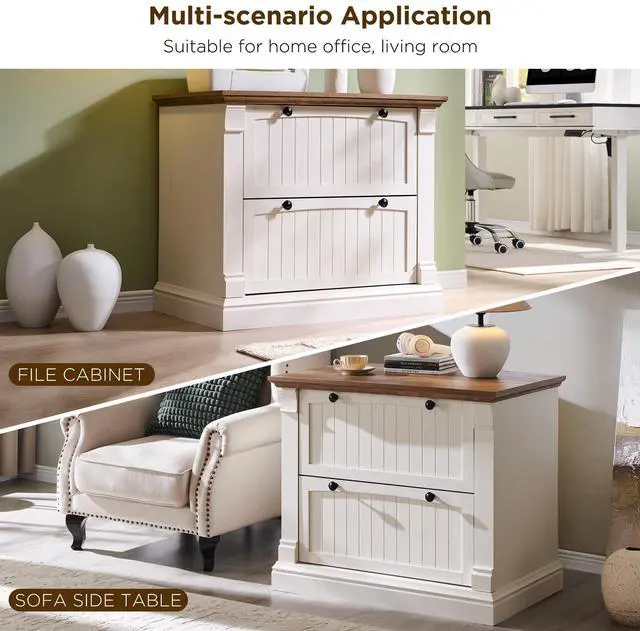 Alt view image 5 of 6 - Farmhouse File Cabinet with 2 Drawers, 35.3" Lateral Filing Cabinet with Hanging File Folders, Interlocking Drawers, Wood Rustic Storage Cabinet for Home Office, Living Room, Antique White