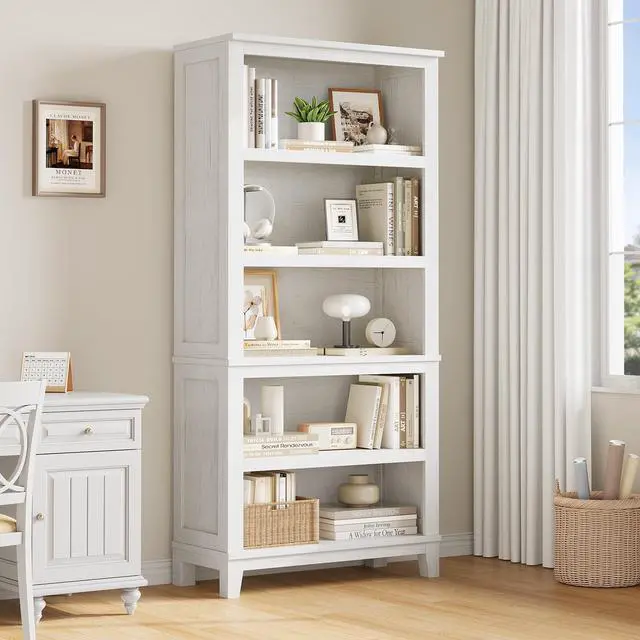 Main image of 71" Farmhouse Bookcase w/Adjustable Shelves & 31.5" Width, 5 Tier Tall Bookshelf with Wooden Legs, Rustic Vintage Book Shelf for Living Room Office Library (White)