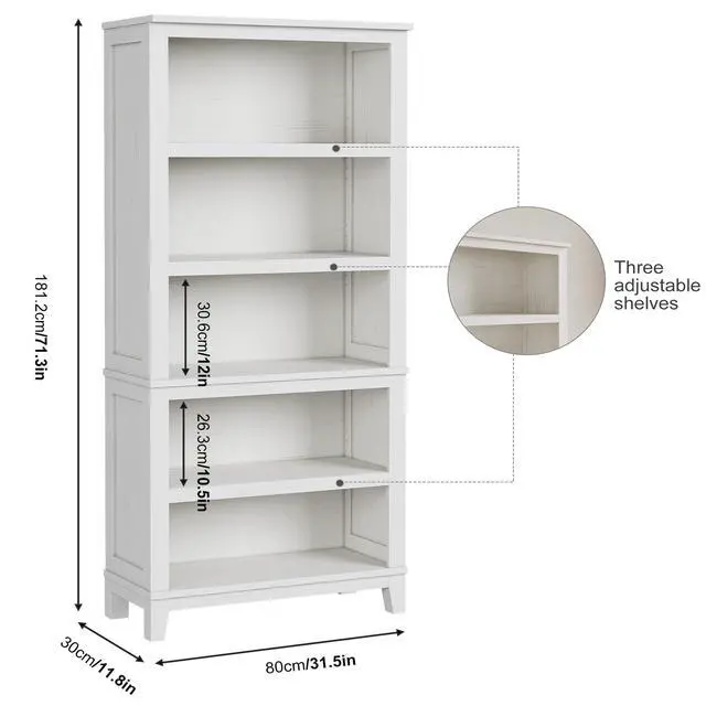 Alt view image 2 of 6 - 71" Farmhouse Bookcase w/Adjustable Shelves & 31.5" Width, 5 Tier Tall Bookshelf with Wooden Legs, Rustic Vintage Book Shelf for Living Room Office Library (White)
