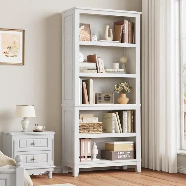 Alt view image 6 of 6 - 71" Farmhouse Bookcase w/Adjustable Shelves & 31.5" Width, 5 Tier Tall Bookshelf with Wooden Legs, Rustic Vintage Book Shelf for Living Room Office Library (White)