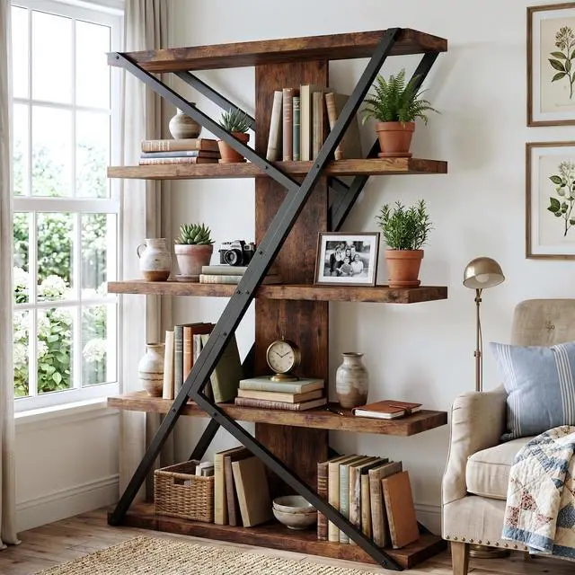 Main image of 5-Tier Industrial Bookshelf, Tall Wood and Metal Bookcase,Brown | Vintage, Wood and Metal Frame, 67"H x 47"L x 12"W, Large Display Shelf, Home Office