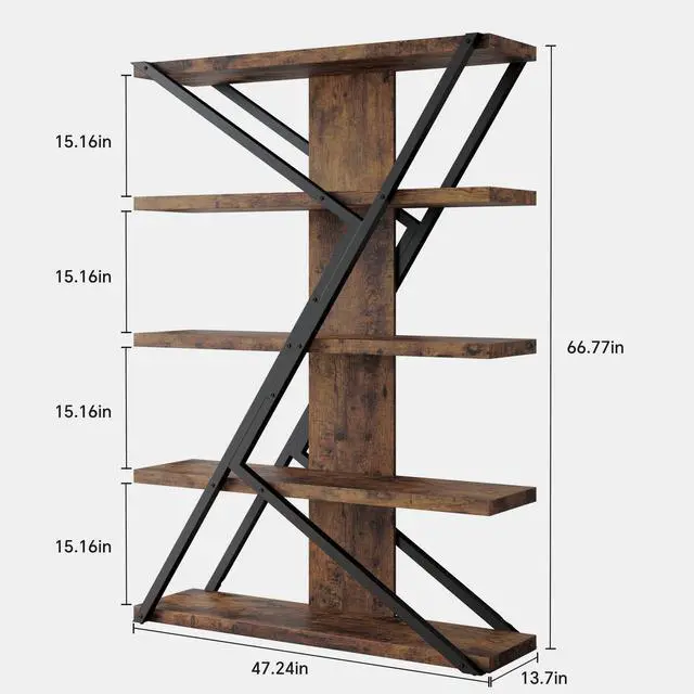Alt view image 2 of 6 - 5-Tier Industrial Bookshelf, Tall Wood and Metal Bookcase,Brown | Vintage, Wood and Metal Frame, 67"H x 47"L x 12"W, Large Display Shelf, Home Office
