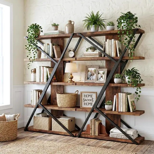 Alt view image 3 of 6 - 5-Tier Industrial Bookshelf, Tall Wood and Metal Bookcase,Brown | Vintage, Wood and Metal Frame, 67"H x 47"L x 12"W, Large Display Shelf, Home Office