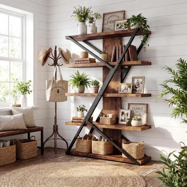 Alt view image 6 of 6 - 5-Tier Industrial Bookshelf, Tall Wood and Metal Bookcase,Brown | Vintage, Wood and Metal Frame, 67"H x 47"L x 12"W, Large Display Shelf, Home Office
