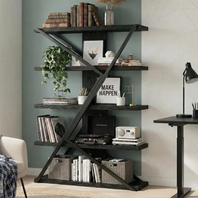Main image of 5-Tier Industrial Bookshelf, Tall Wood and Metal Bookcase,Black | Vintage, Wood and Metal Frame, 67"H x 47"L x 12"W, Large Display Shelf, Home Office