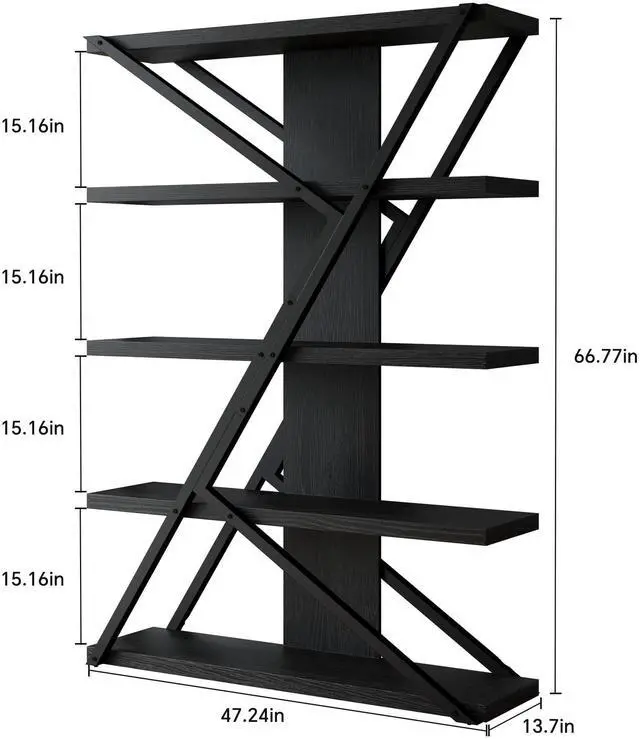 Alt view image 2 of 6 - 5-Tier Industrial Bookshelf, Tall Wood and Metal Bookcase,Black | Vintage, Wood and Metal Frame, 67"H x 47"L x 12"W, Large Display Shelf, Home Office