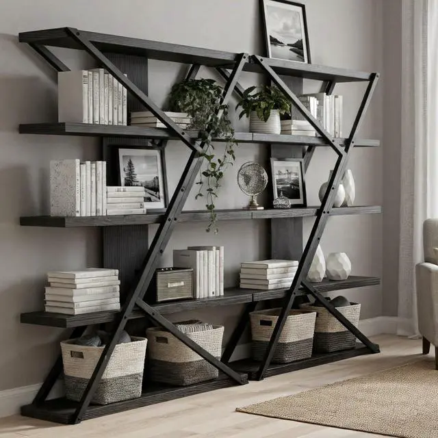 Alt view image 3 of 6 - 5-Tier Industrial Bookshelf, Tall Wood and Metal Bookcase,Black | Vintage, Wood and Metal Frame, 67"H x 47"L x 12"W, Large Display Shelf, Home Office