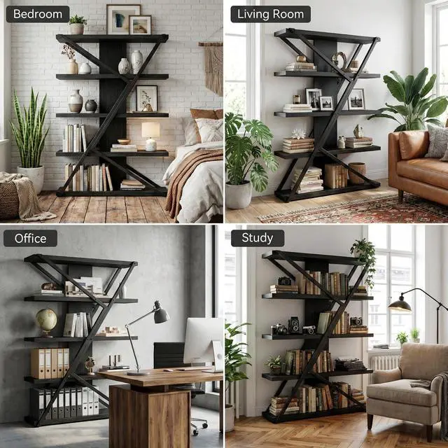 Alt view image 6 of 6 - 5-Tier Industrial Bookshelf, Tall Wood and Metal Bookcase,Black | Vintage, Wood and Metal Frame, 67"H x 47"L x 12"W, Large Display Shelf, Home Office