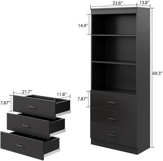 Alt view image 2 of 6 - 70" H 6-Tier Bookshelf with 3 Drawers, White Bookcase with 3-Tier Open Shelves, Tall Book Shelf with Storage Space, Wooden Storage Cabinet for Living Room, Bedroom, Office (Black, 6-Tier)