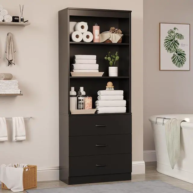 Alt view image 3 of 6 - 70" H 6-Tier Bookshelf with 3 Drawers, White Bookcase with 3-Tier Open Shelves, Tall Book Shelf with Storage Space, Wooden Storage Cabinet for Living Room, Bedroom, Office (Black, 6-Tier)