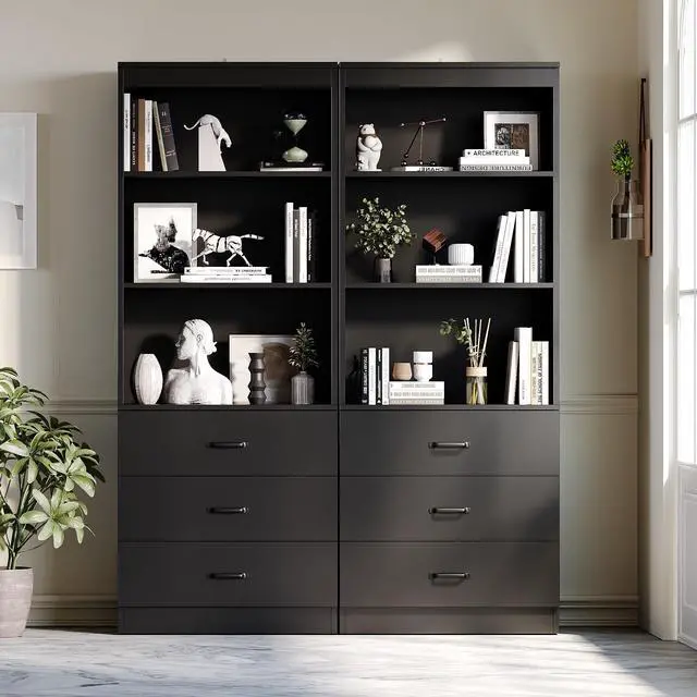 Alt view image 4 of 6 - 70" H 6-Tier Bookshelf with 3 Drawers, White Bookcase with 3-Tier Open Shelves, Tall Book Shelf with Storage Space, Wooden Storage Cabinet for Living Room, Bedroom, Office (Black, 6-Tier)