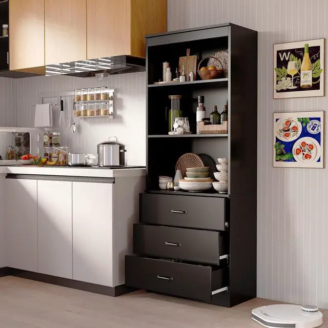 Alt view image 6 of 6 - 70" H 6-Tier Bookshelf with 3 Drawers, White Bookcase with 3-Tier Open Shelves, Tall Book Shelf with Storage Space, Wooden Storage Cabinet for Living Room, Bedroom, Office (Black, 6-Tier)