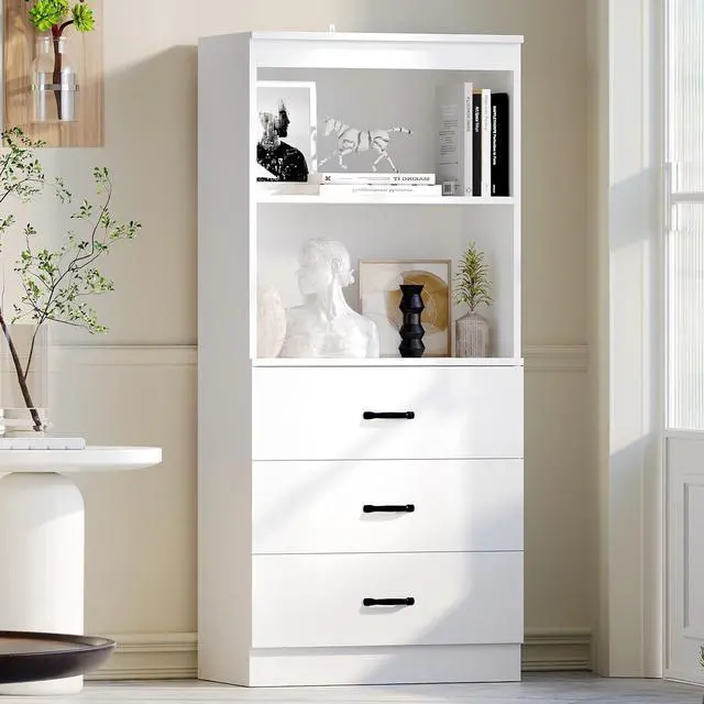 Main image of 55.5" H 5-Tier Bookshelf with 3 Drawers, White Bookcase with 2-Tier Open Shelves, Tall Book Shelf with Storage Space, Wooden Storage Cabinet for Living Room, Office