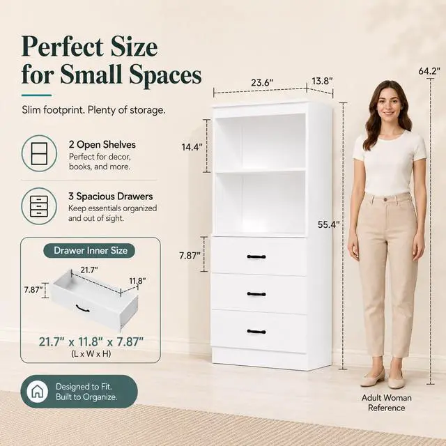 Alt view image 2 of 6 - 55.5" H 5-Tier Bookshelf with 3 Drawers, White Bookcase with 2-Tier Open Shelves, Tall Book Shelf with Storage Space, Wooden Storage Cabinet for Living Room, Office