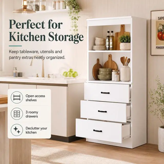 Alt view image 3 of 6 - 55.5" H 5-Tier Bookshelf with 3 Drawers, White Bookcase with 2-Tier Open Shelves, Tall Book Shelf with Storage Space, Wooden Storage Cabinet for Living Room, Office